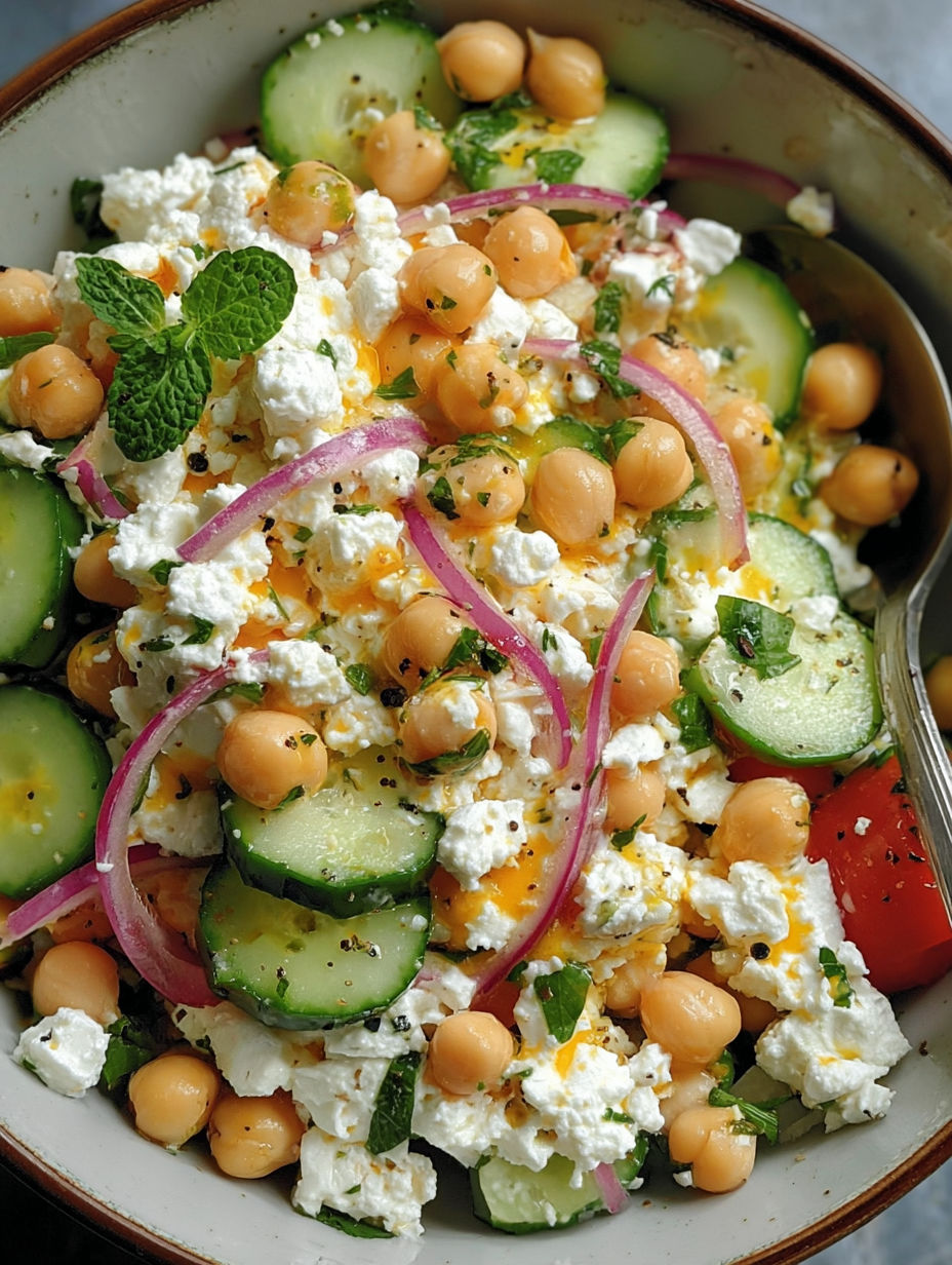 A bowl of cottage cheese and chickpea salad.