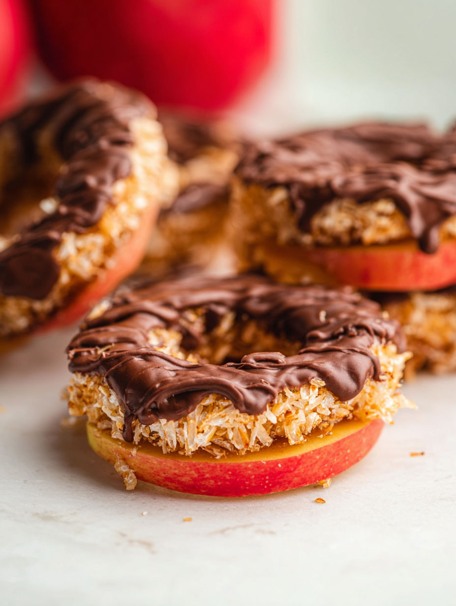 A close up of a chocolate covered apple samoa.