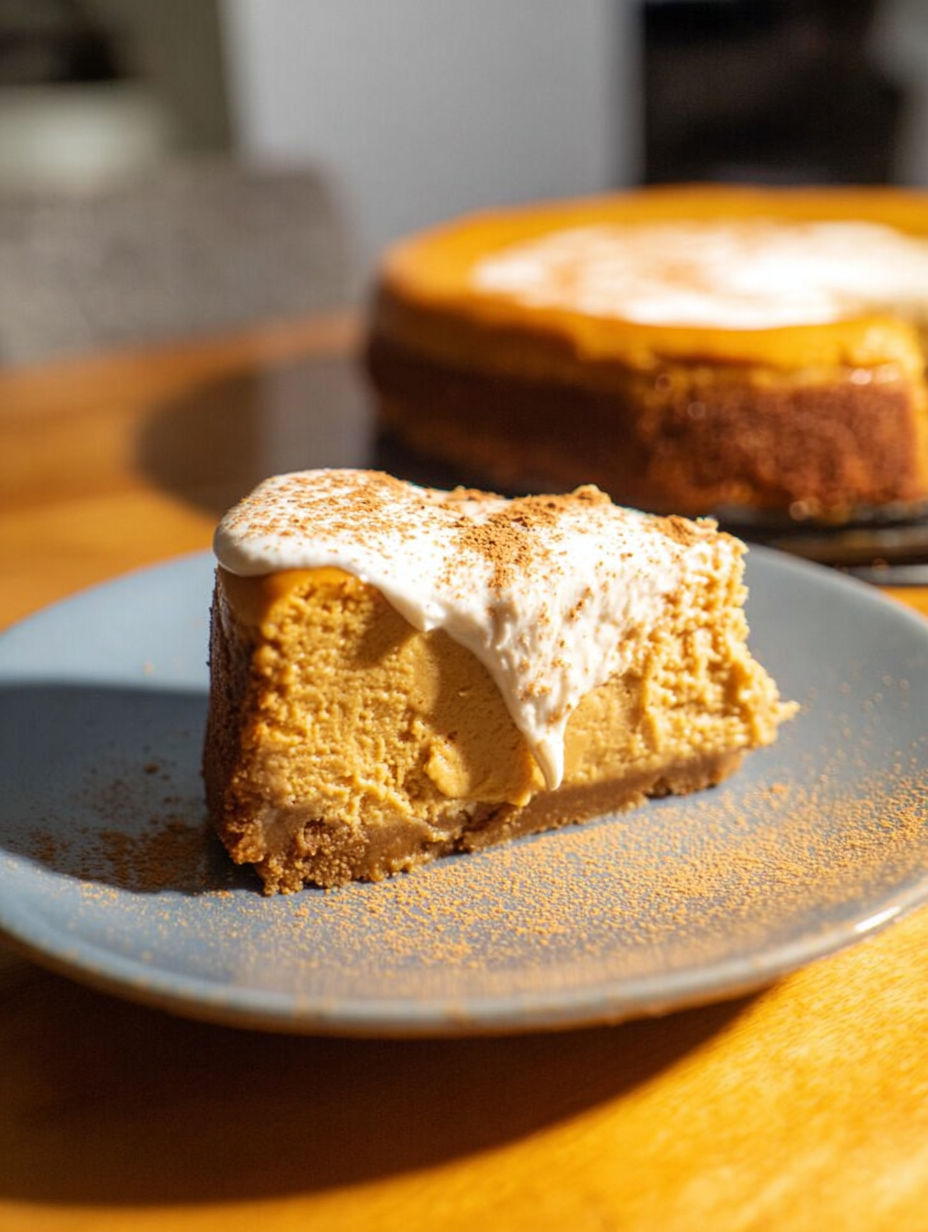 A slice of pumpkin cheesecake with white icing.