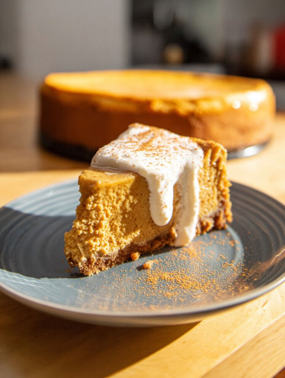 A slice of pumpkin cheesecake with white icing.
