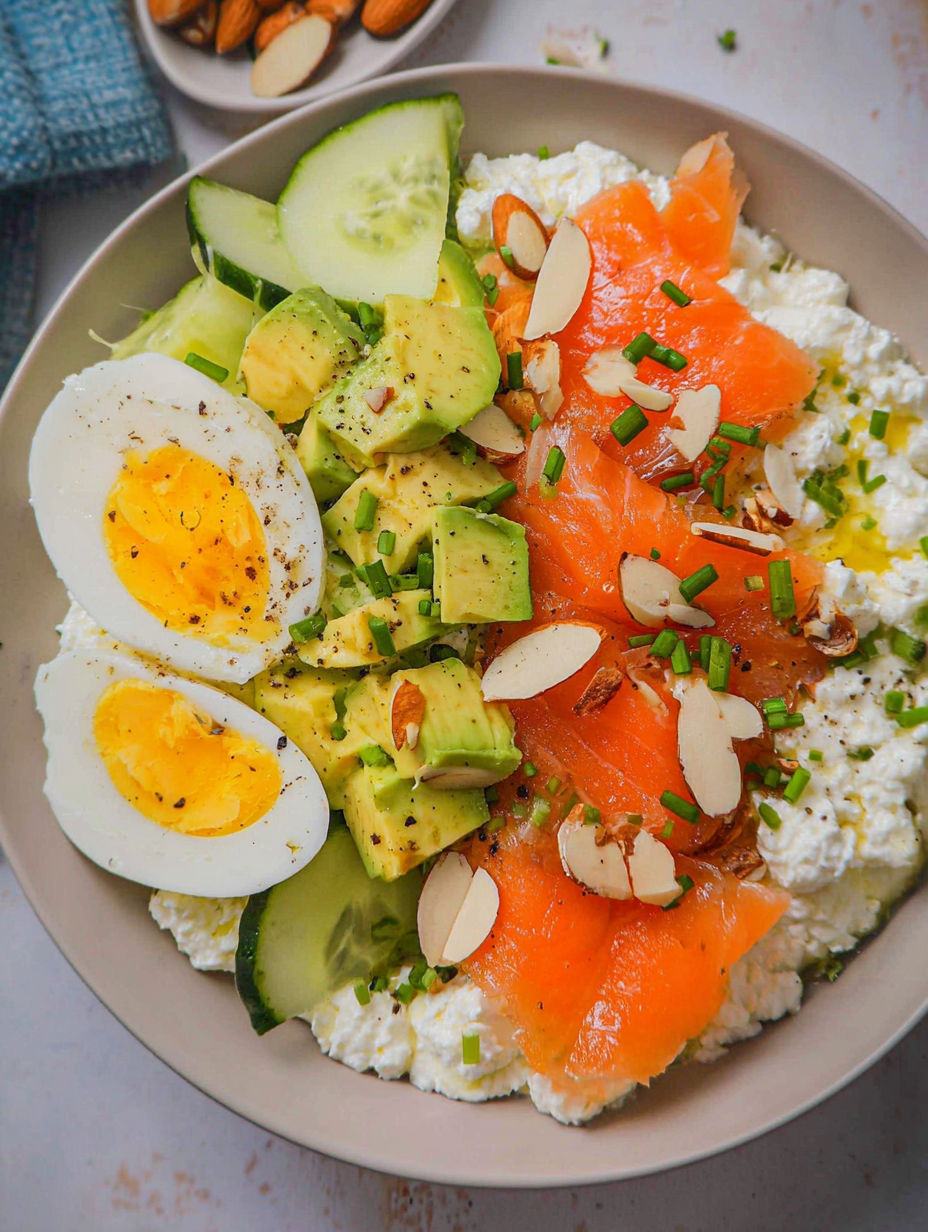 A bowl of food with eggs, avocado, and salmon.