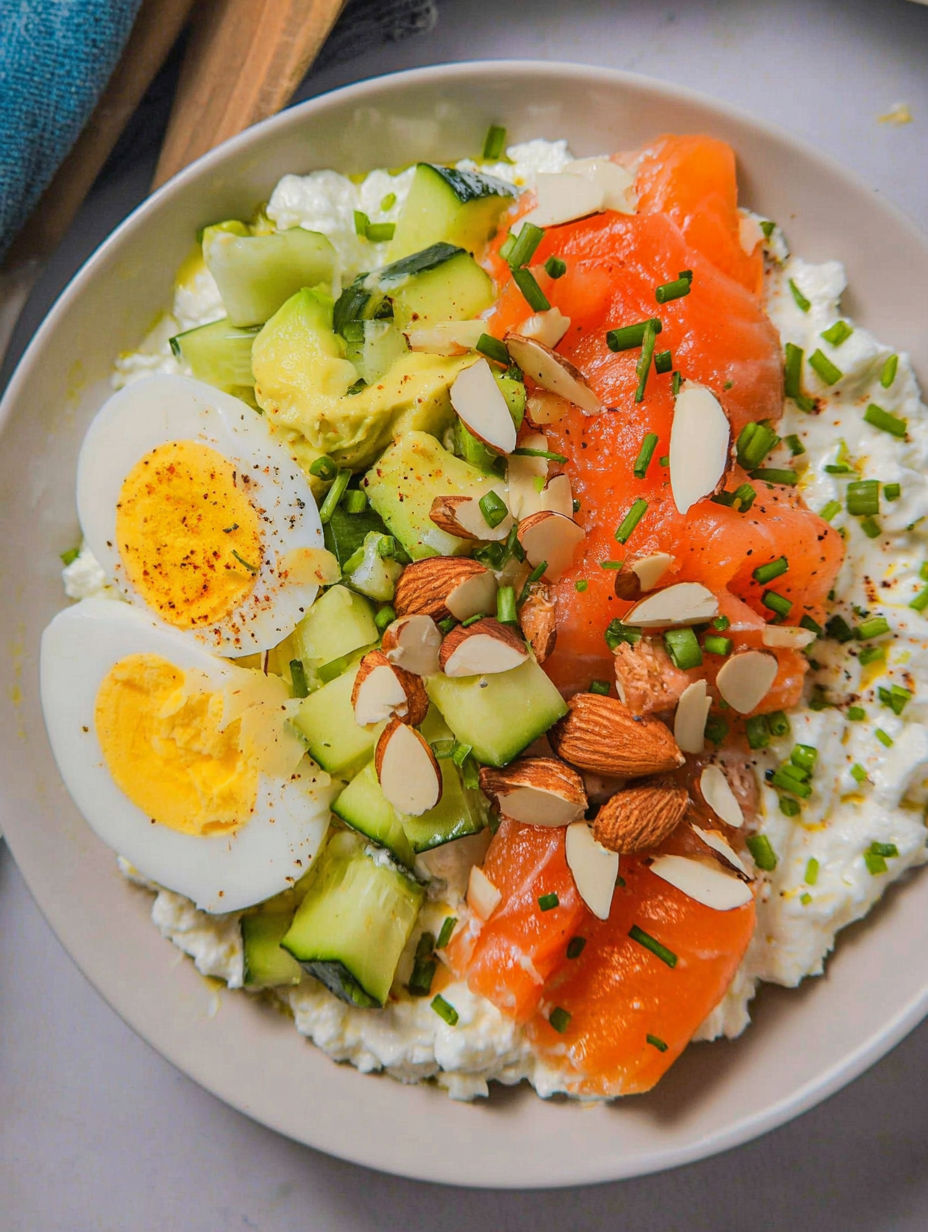 A plate of food with eggs, cucumbers, and salmon.