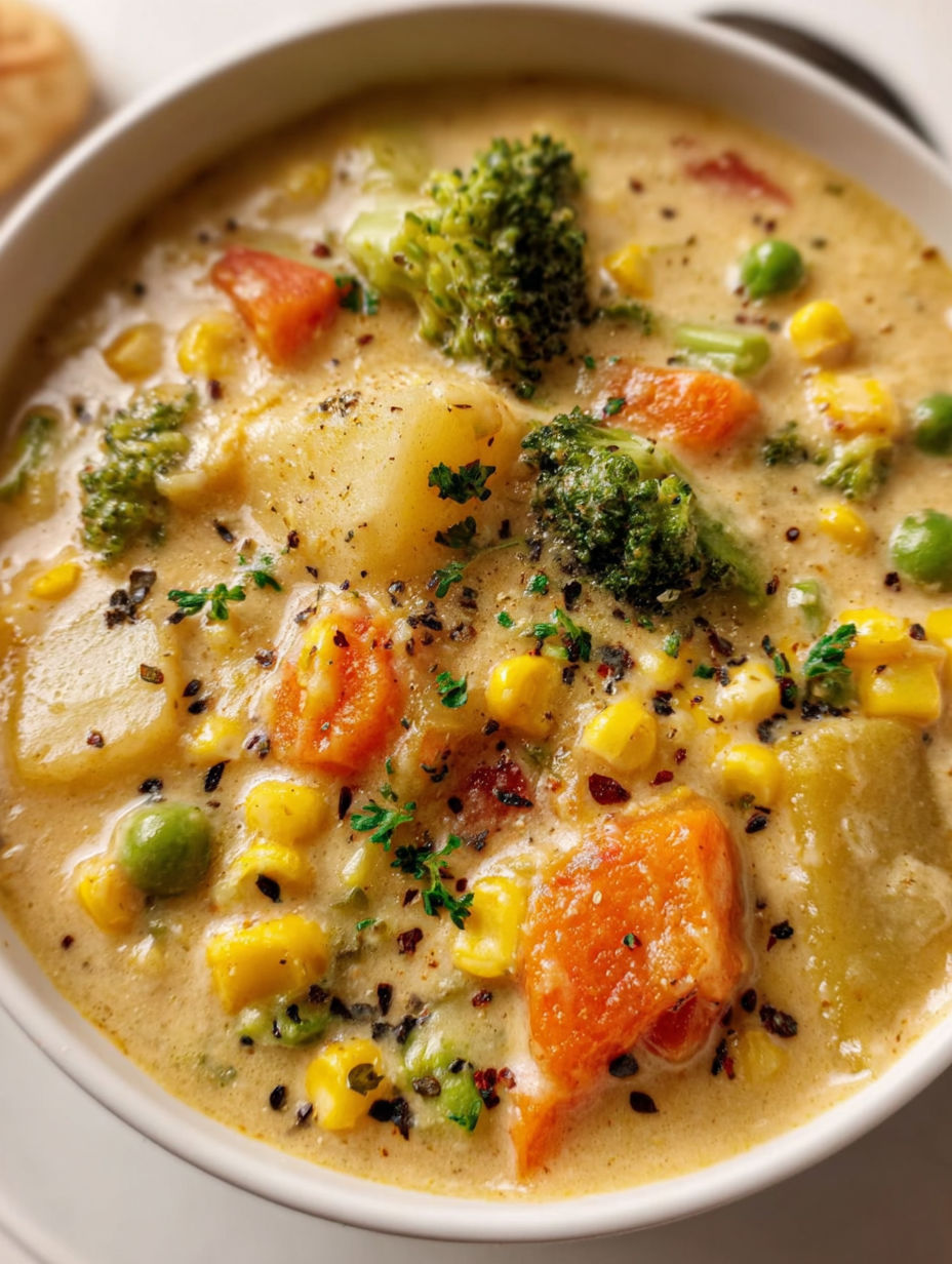 A bowl of soup with broccoli and carrots.