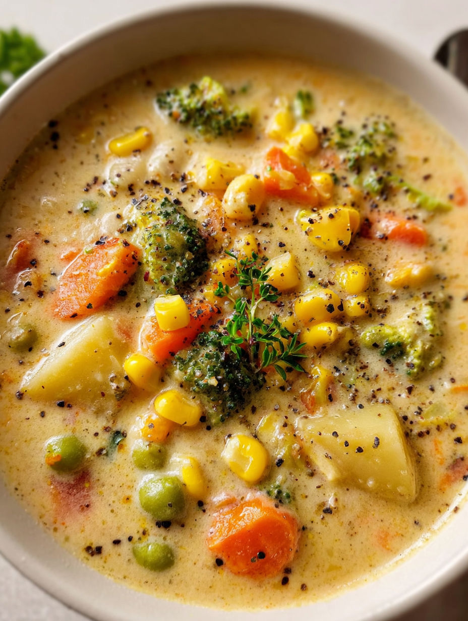 A bowl of soup with broccoli and corn.