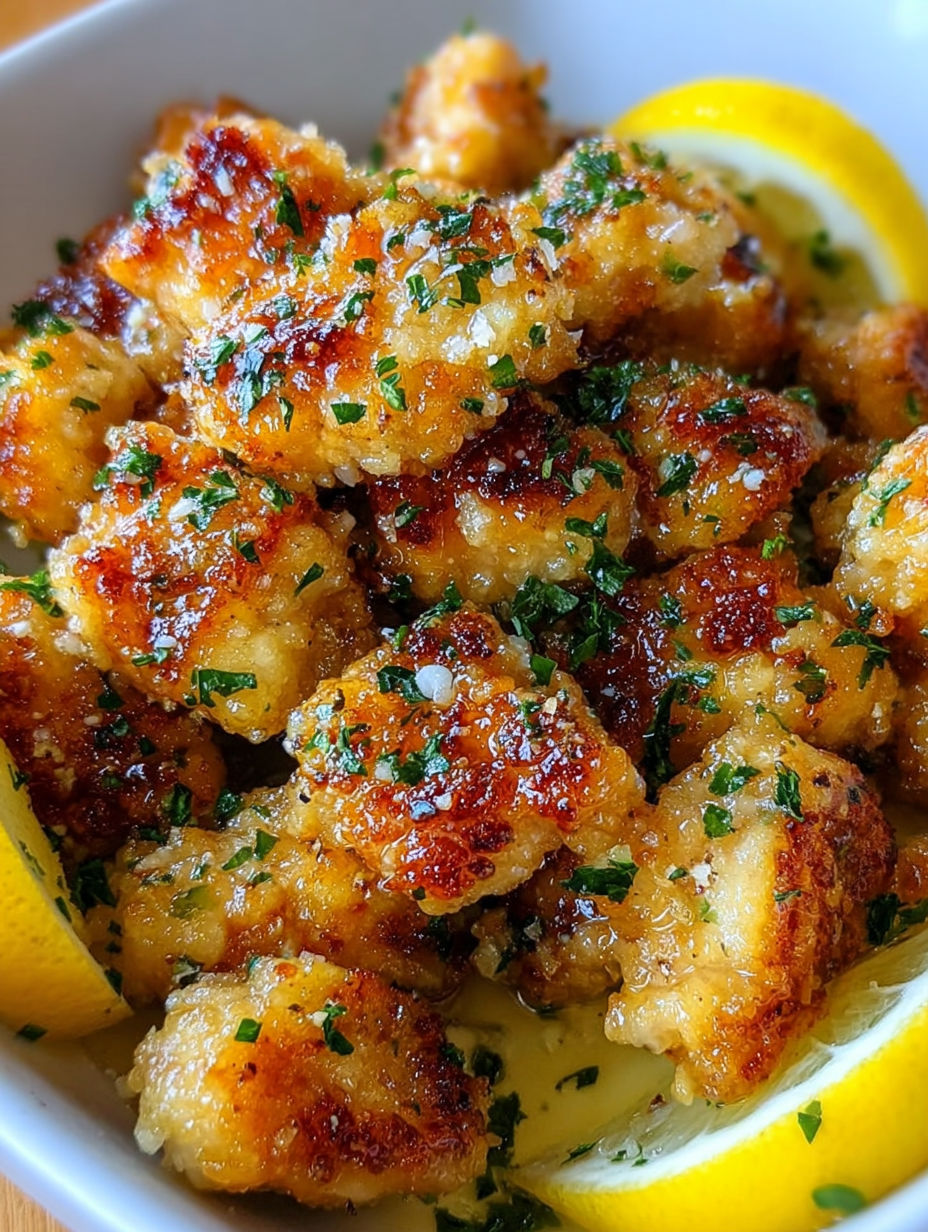 A bowl of fried chicken with lemon wedges on top.