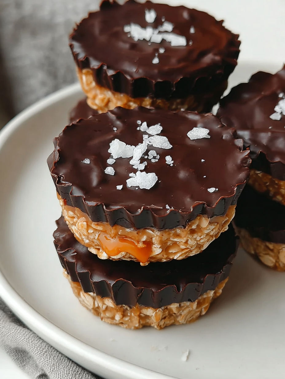Three dark chocolate oatmeal cups with a white plate.