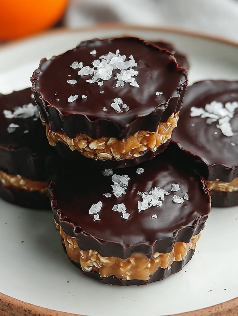 Three dark chocolate cups with oatmeal and salt.