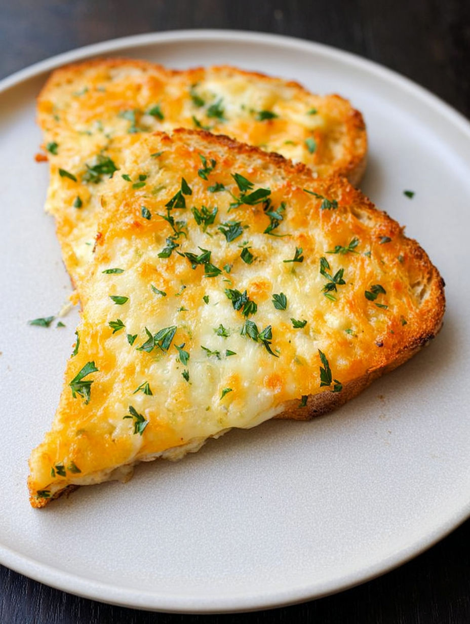 Two pieces of egg and cheese toast on a white plate.