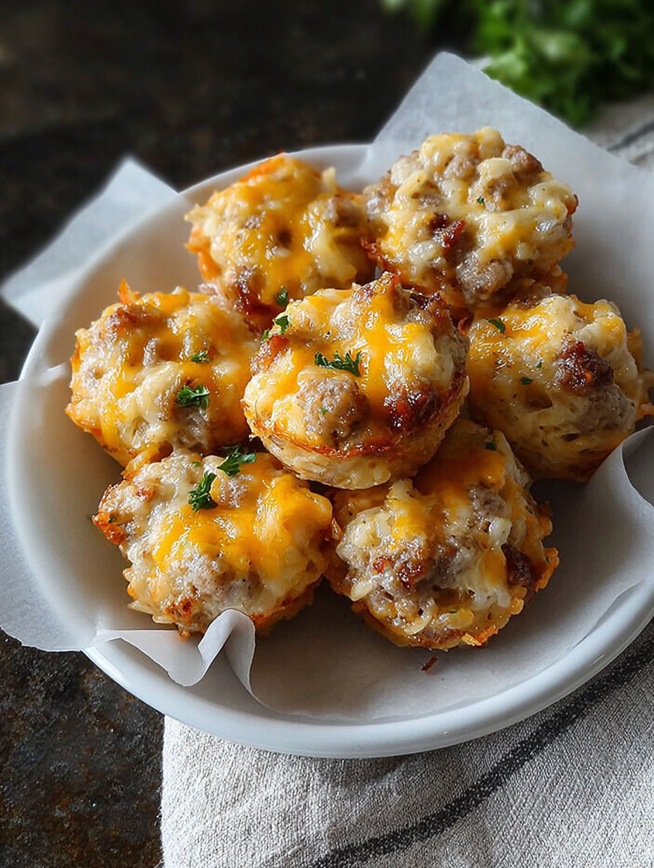 A white bowl filled with sausage hashbrown bites.