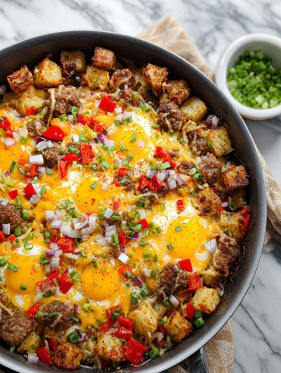 A loaded breakfast hash with eggs, potatoes, and peppers.