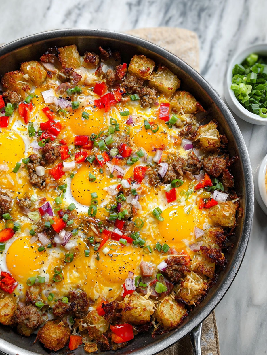 A loaded breakfast hash with eggs, potatoes, and peppers.