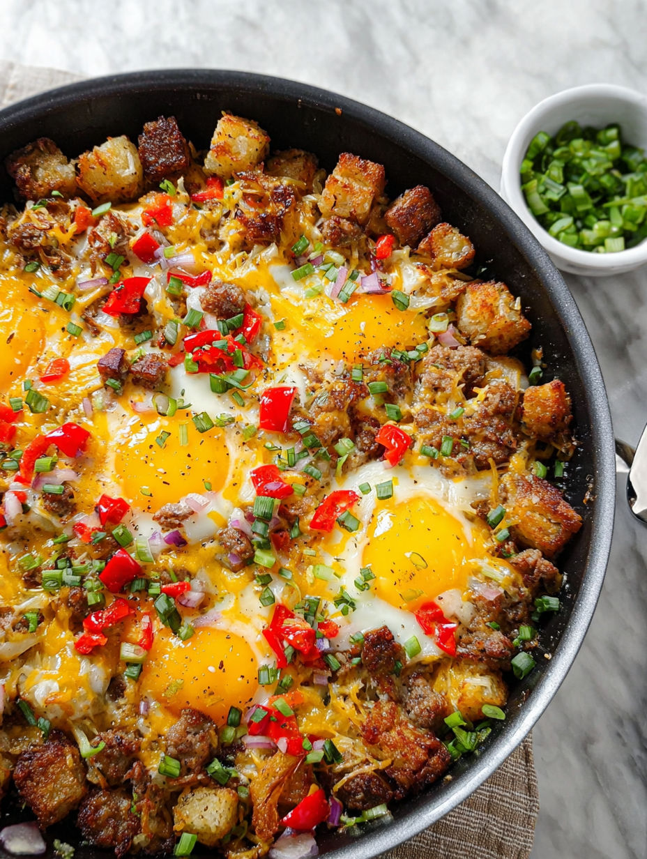 A loaded breakfast hash with eggs, peppers, and potatoes.