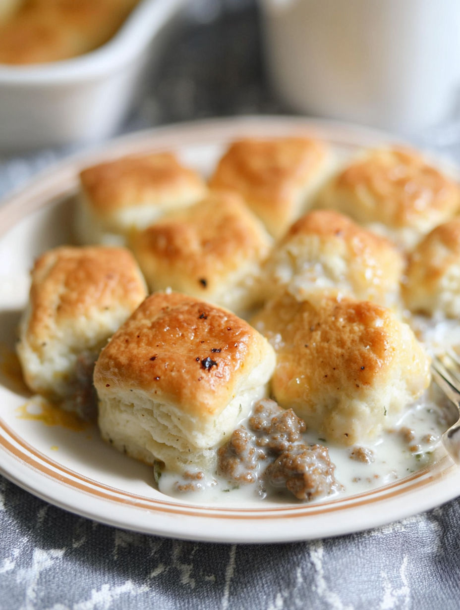 A plate of biscuits and gravy casserole.