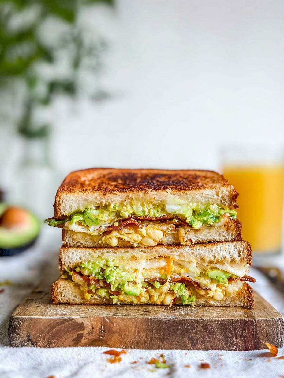 A grilled cheese sandwich with bacon and egg.