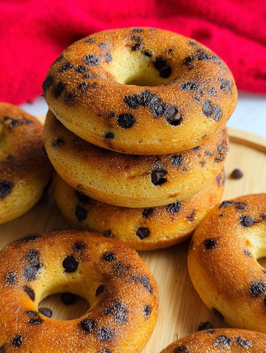 Chocolate chip pancake donuts stacked on a wooden board.