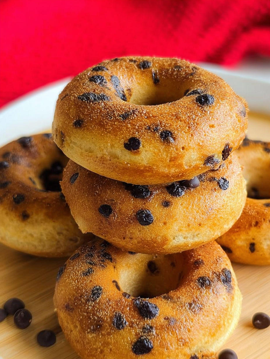 Chocolate chip pancake donuts stacked on a plate.