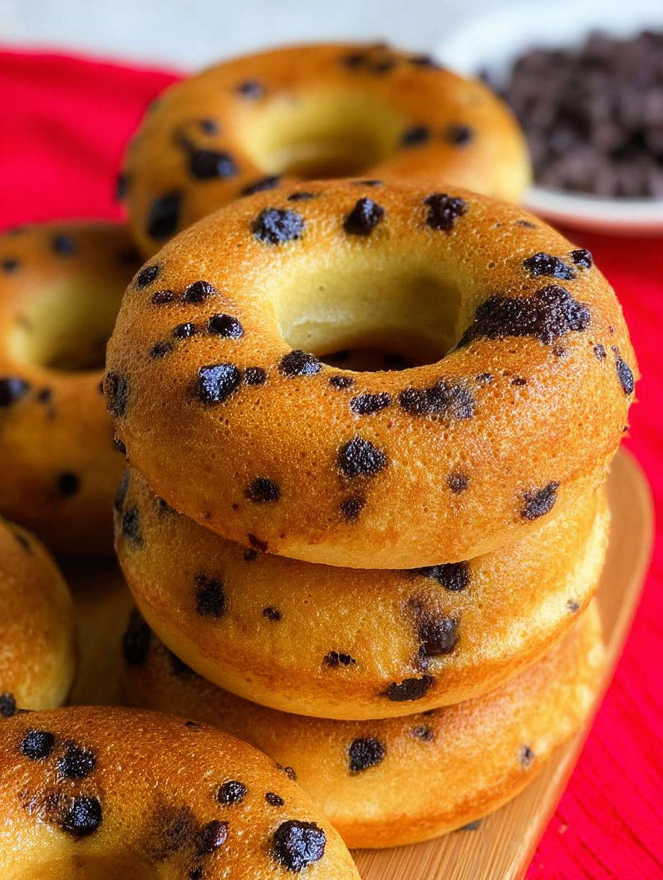 Chocolate chip pancake donuts stacked on a plate.