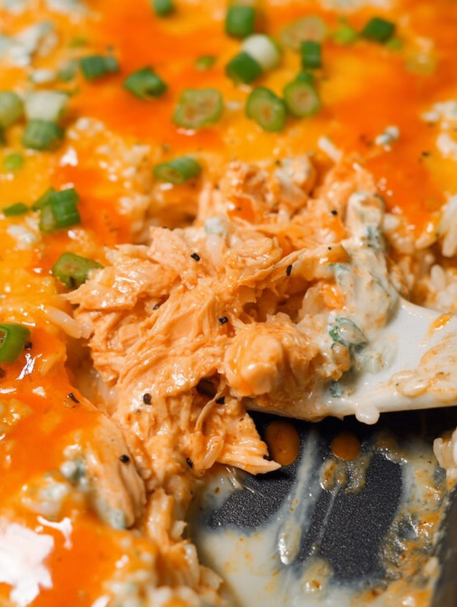 A fork is stuck in a cheesy buffalo chicken rice casserole.