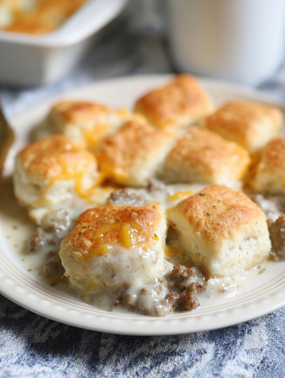 A plate of biscuits and gravy casserole.