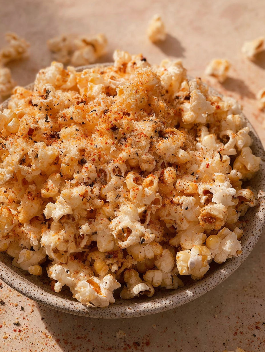 A bowl of popcorn with buttery garlic and parmesan seasoning.