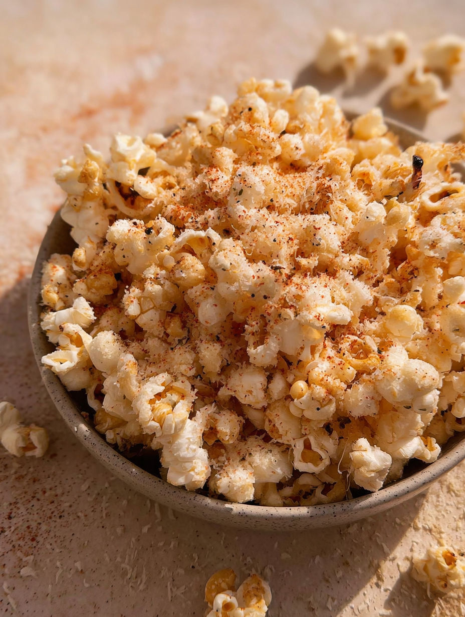 A bowl of popcorn with garlic and parmesan seasoning.