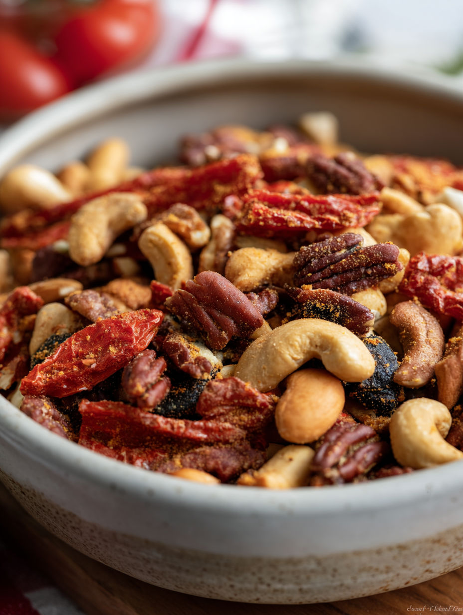 A bowl of nuts and dried fruit.