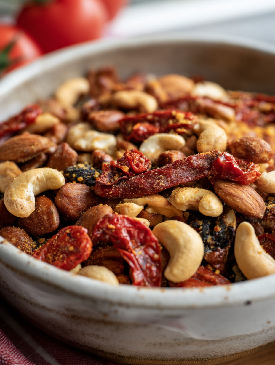 A bowl of nuts and dried fruit.