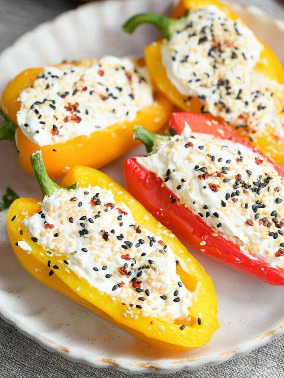 A plate of peppers with cream cheese and black seeds.