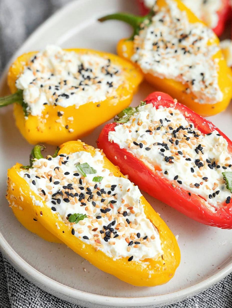 A plate of peppers with cream cheese and black seeds.