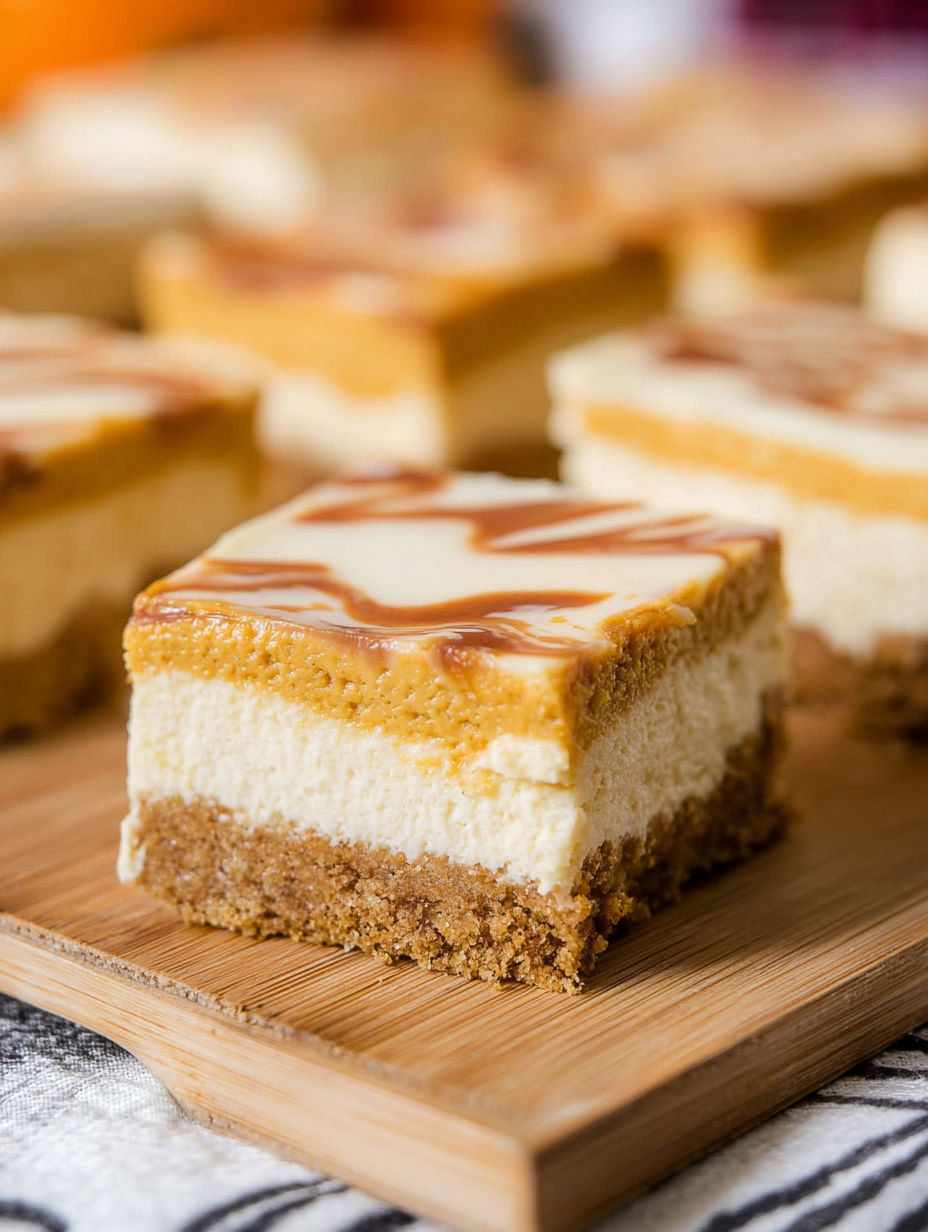 A close up of a pumpkin cheesecake bar.