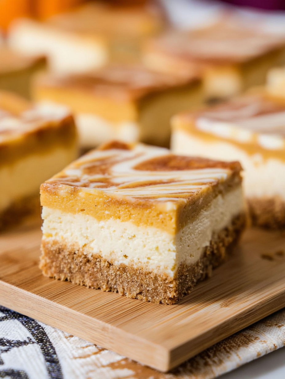 A close up of a pumpkin cheesecake bar.
