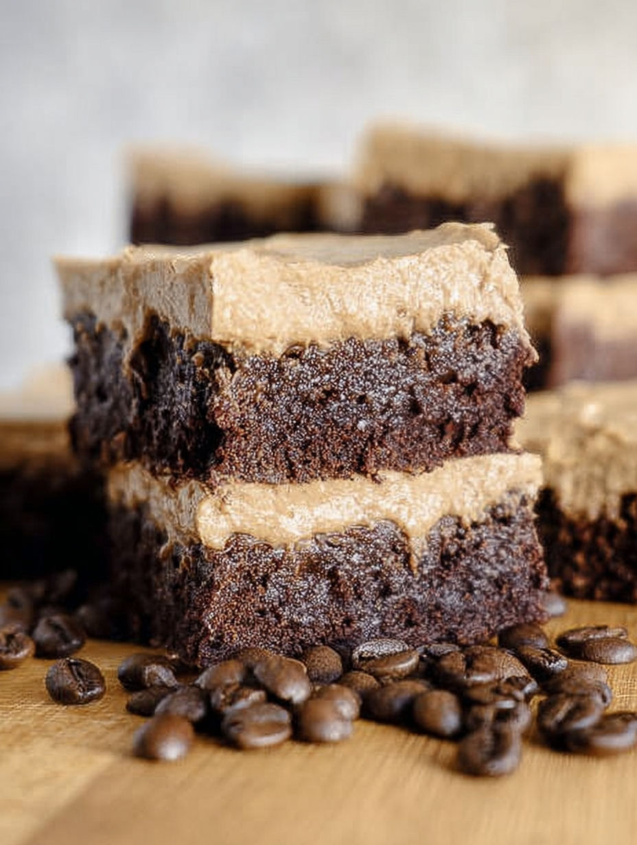 Brownies with chocolate icing and coffee beans.