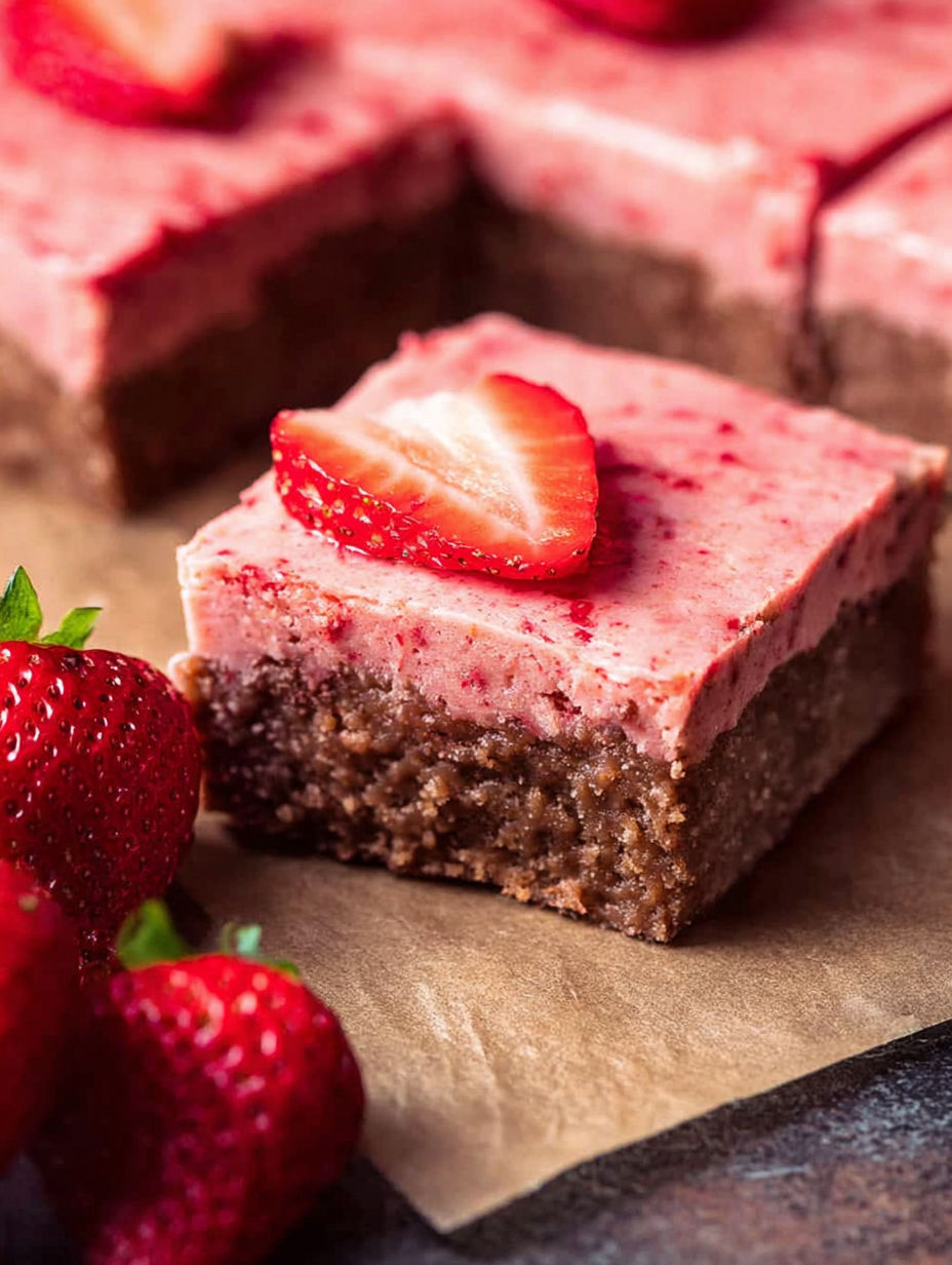 A slice of brownies with a strawberry on top.