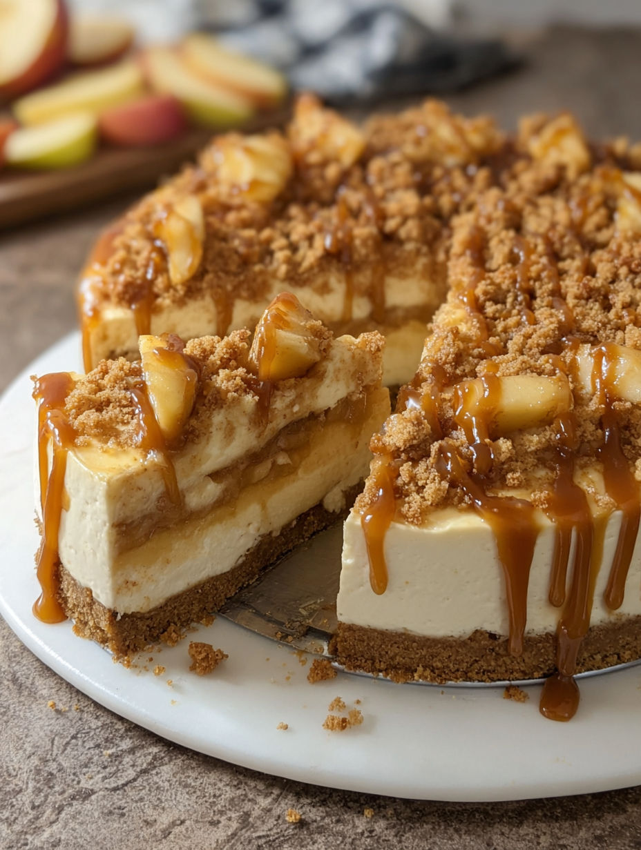 A slice of salted caramel apple pie cheesecake.