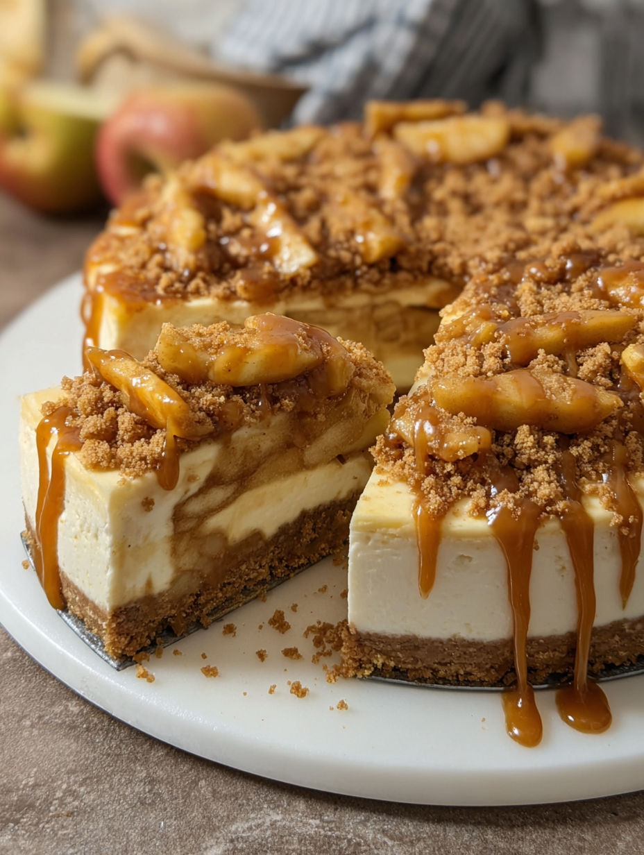 A slice of salted caramel apple pie cheesecake.