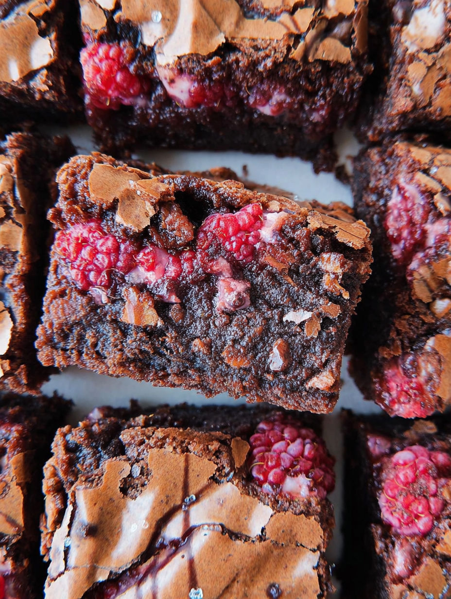 A close up of a chocolate brownie with raspberries on top.