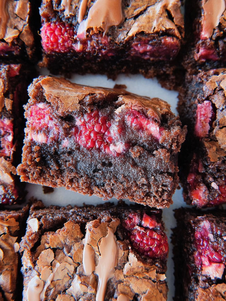 A close up of a chocolate brownie with raspberries on top.