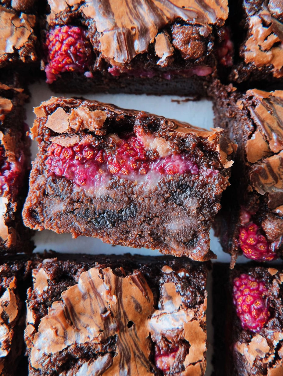 A close up of a piece of chocolate cake with raspberry topping.