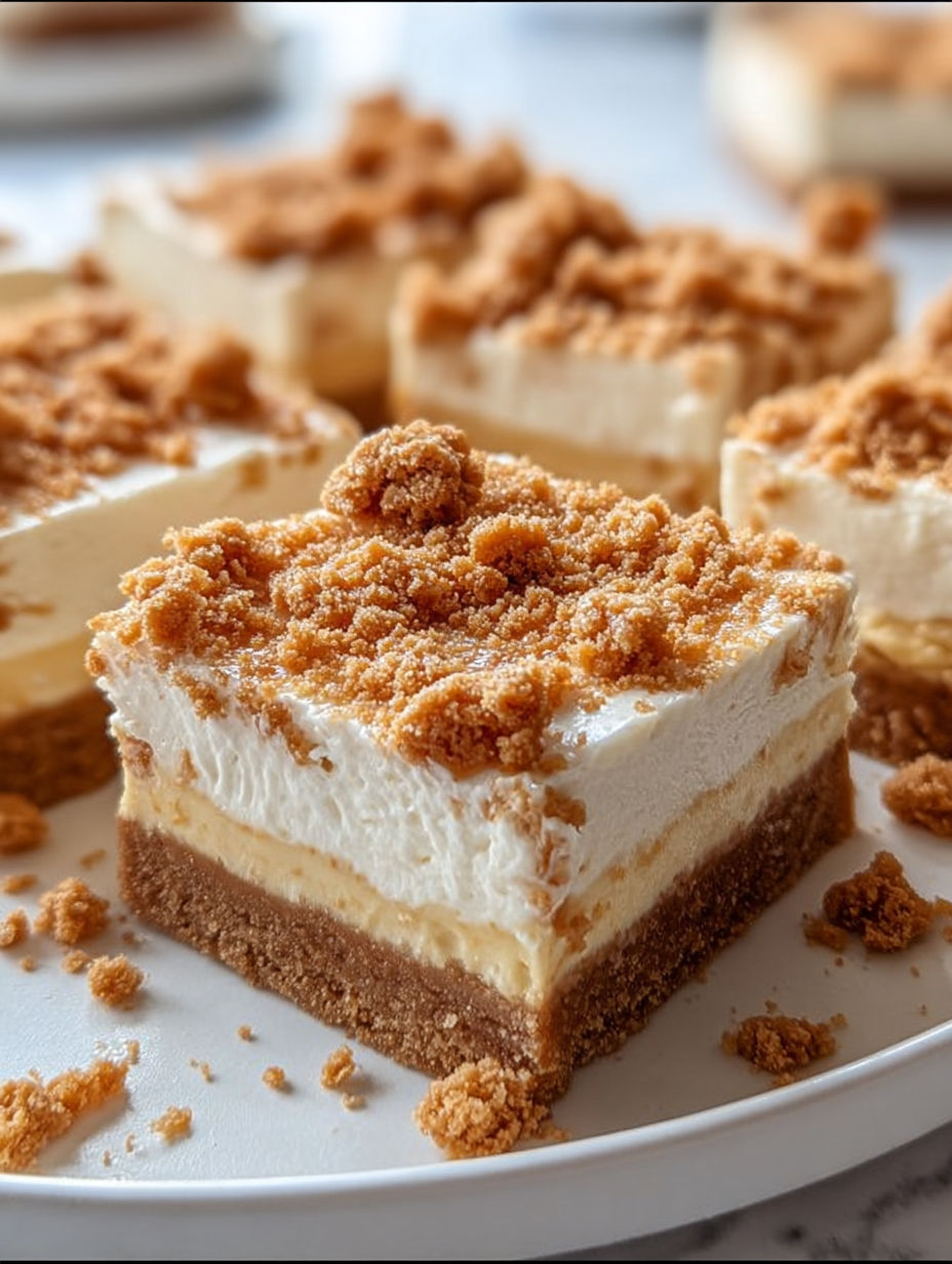A close up of a piece of butterscotch graham cracker cheesecake bars.