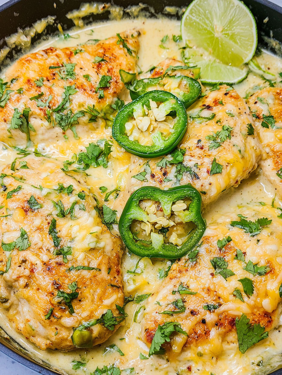 A skillet of chicken with jalapenos and cheese.