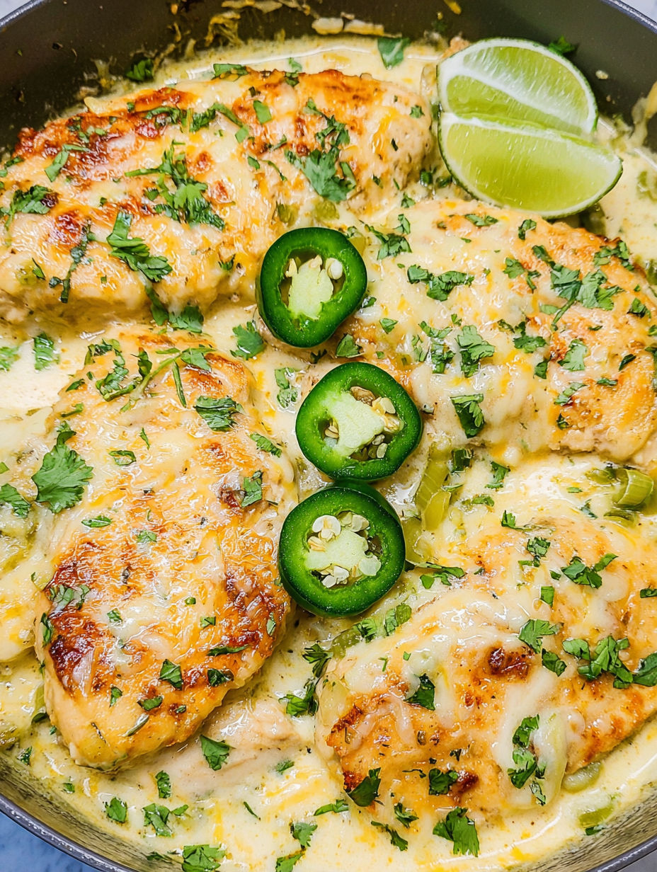 A skillet with chicken and jalapenos.