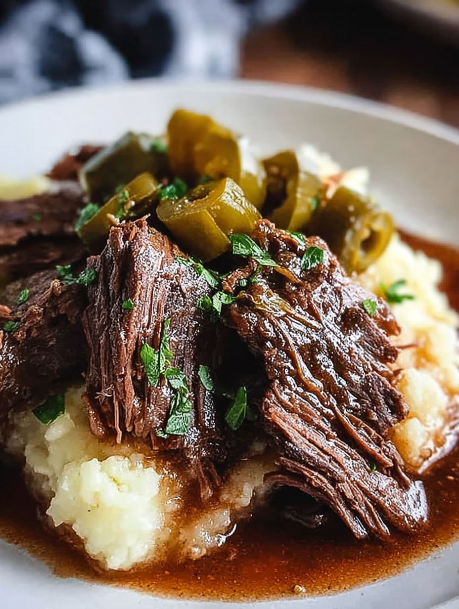 A plate of Mississippi Pot Roast with green peppers.