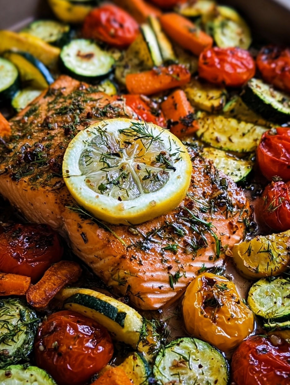 A piece of salmon with lemon and herbs on top.