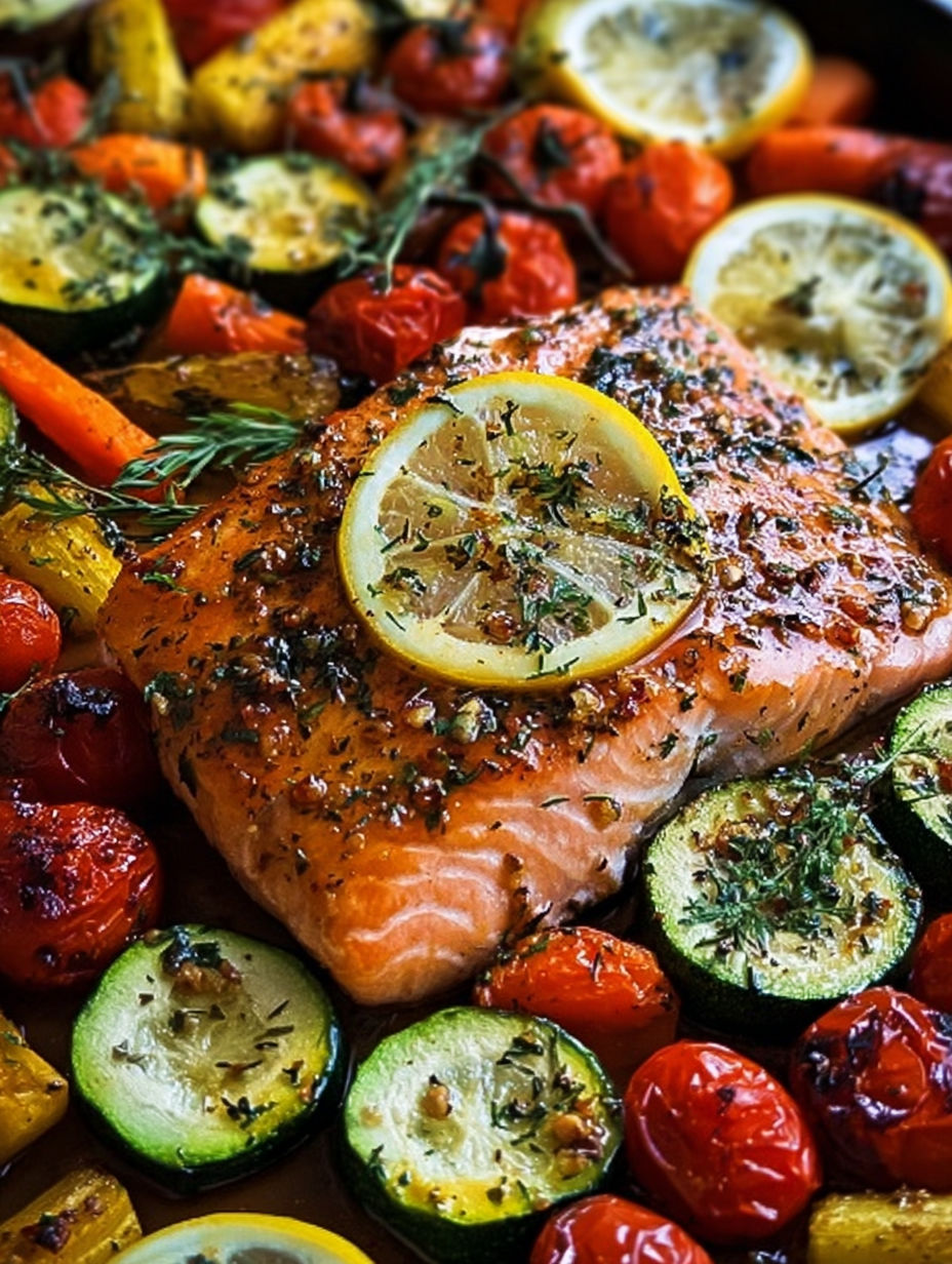 A salmon dish with lemon and herbs.