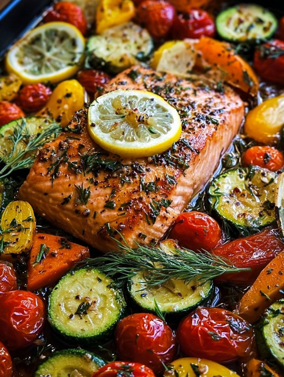 A dish of salmon with vegetables and lemon wedges.