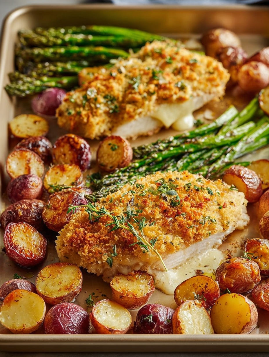 A plate of food with Parmesan crusted chicken and potatoes.