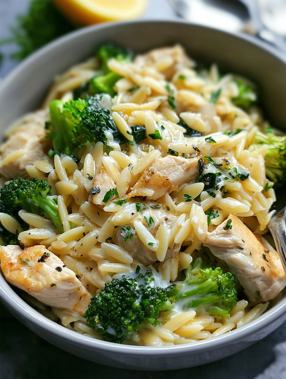 A bowl of chicken and broccoli orzo.