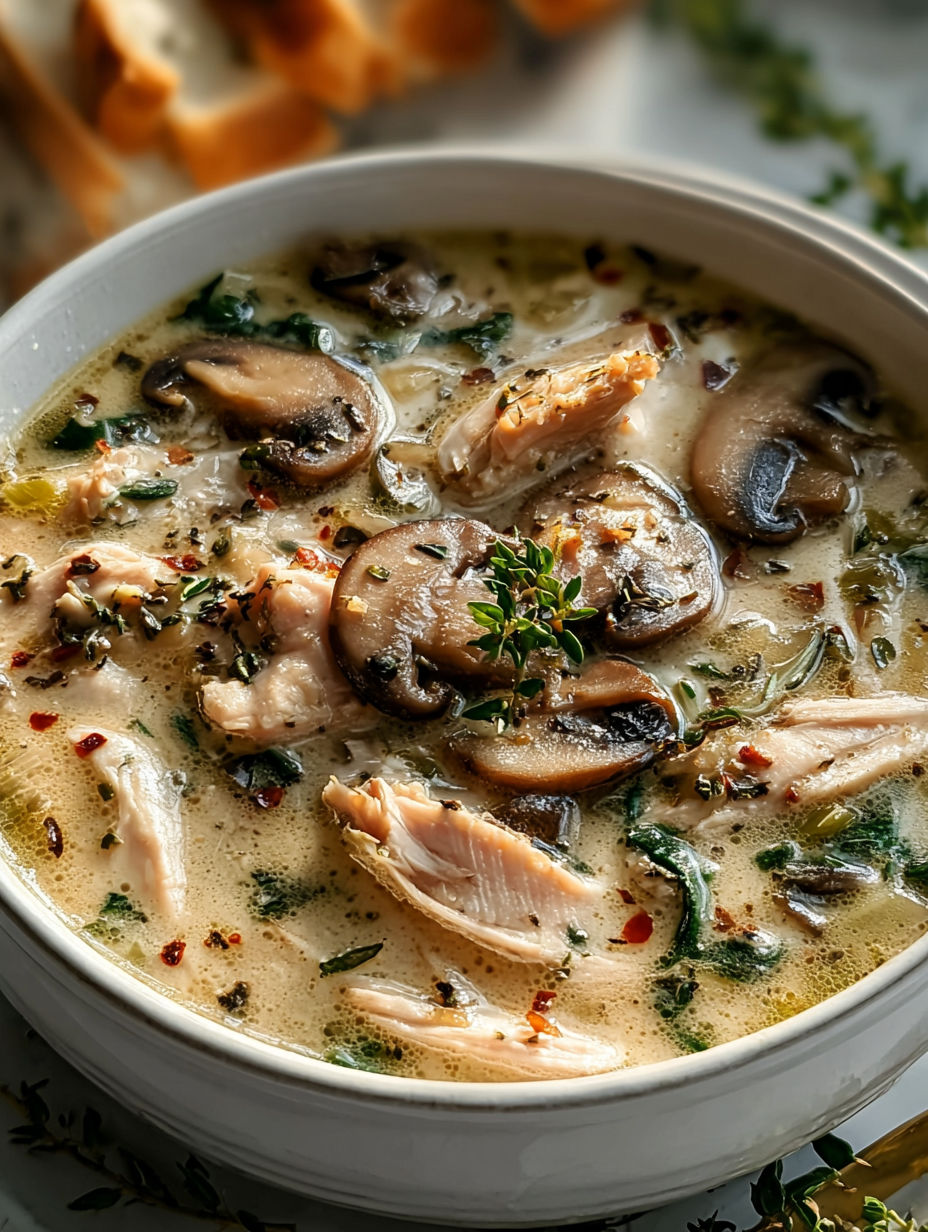 A bowl of soup with mushrooms and chicken.