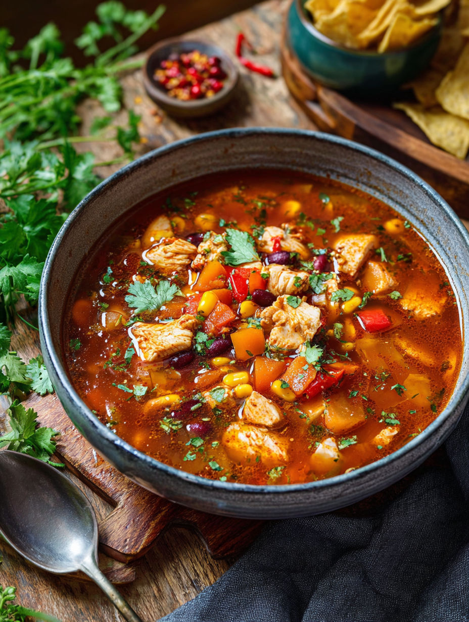 A bowl of soup with chicken and vegetables.