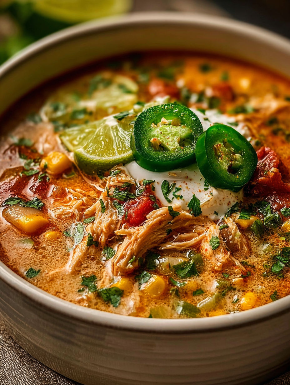 A bowl of Cajun White Chicken Chili with limes and jalapenos on top.